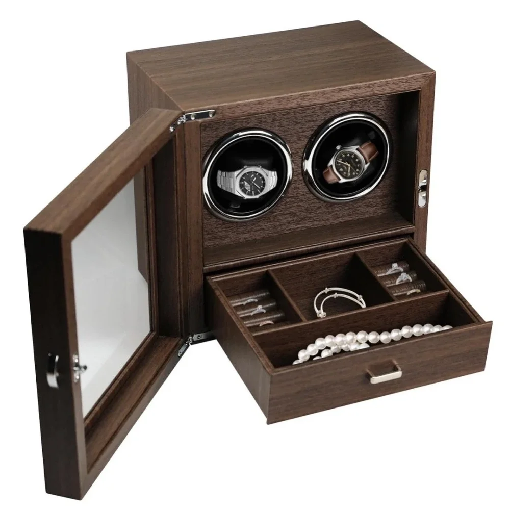 Double Automatic Watch Winder Jewelry Box Walnut Wood Rechargeable Dual Rotator‎